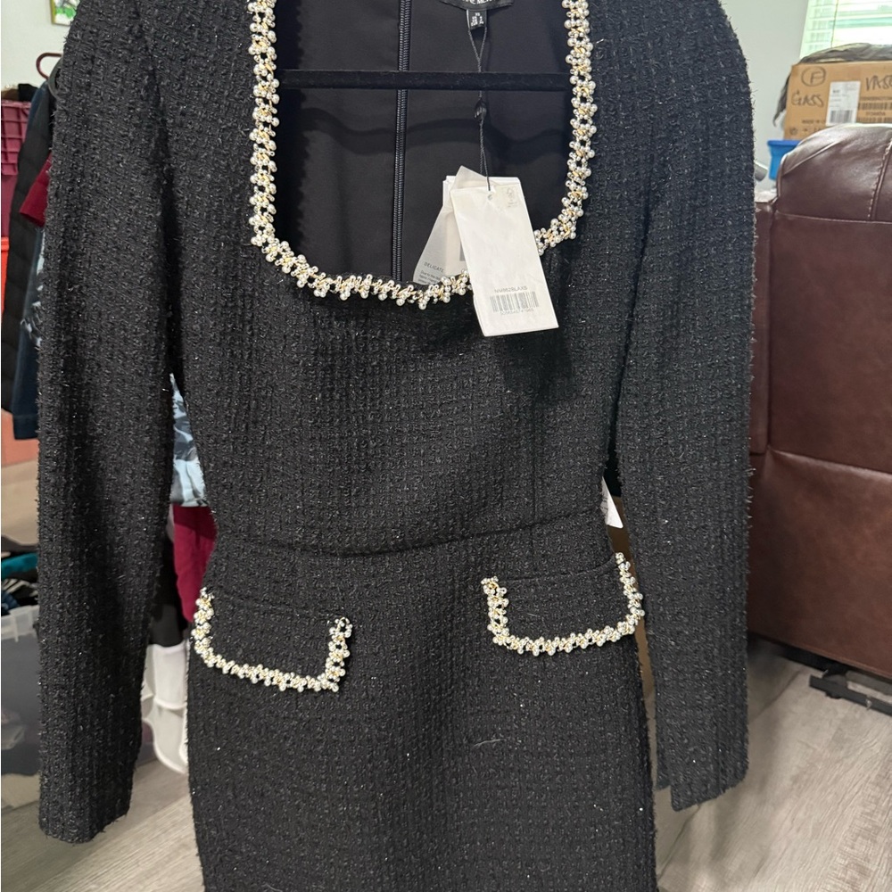 NADINE MERABI Black Dress with Pearl Embellishments